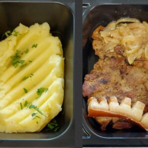 F1 - CEAFĂ ȚIGĂNEASCĂ CU PIURE DE CARTOFI (ceafa de porc, slaninuta, ceapa caramelizata, cartofi, lapte, unt) 350gr.
