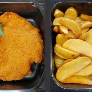 F1 - ȘNIȚEL PANE DIN COTLET DE PORC CU CARTOFI WEDGES (cotlet, pesmet, făină, ou, cartofi) 350 gr.