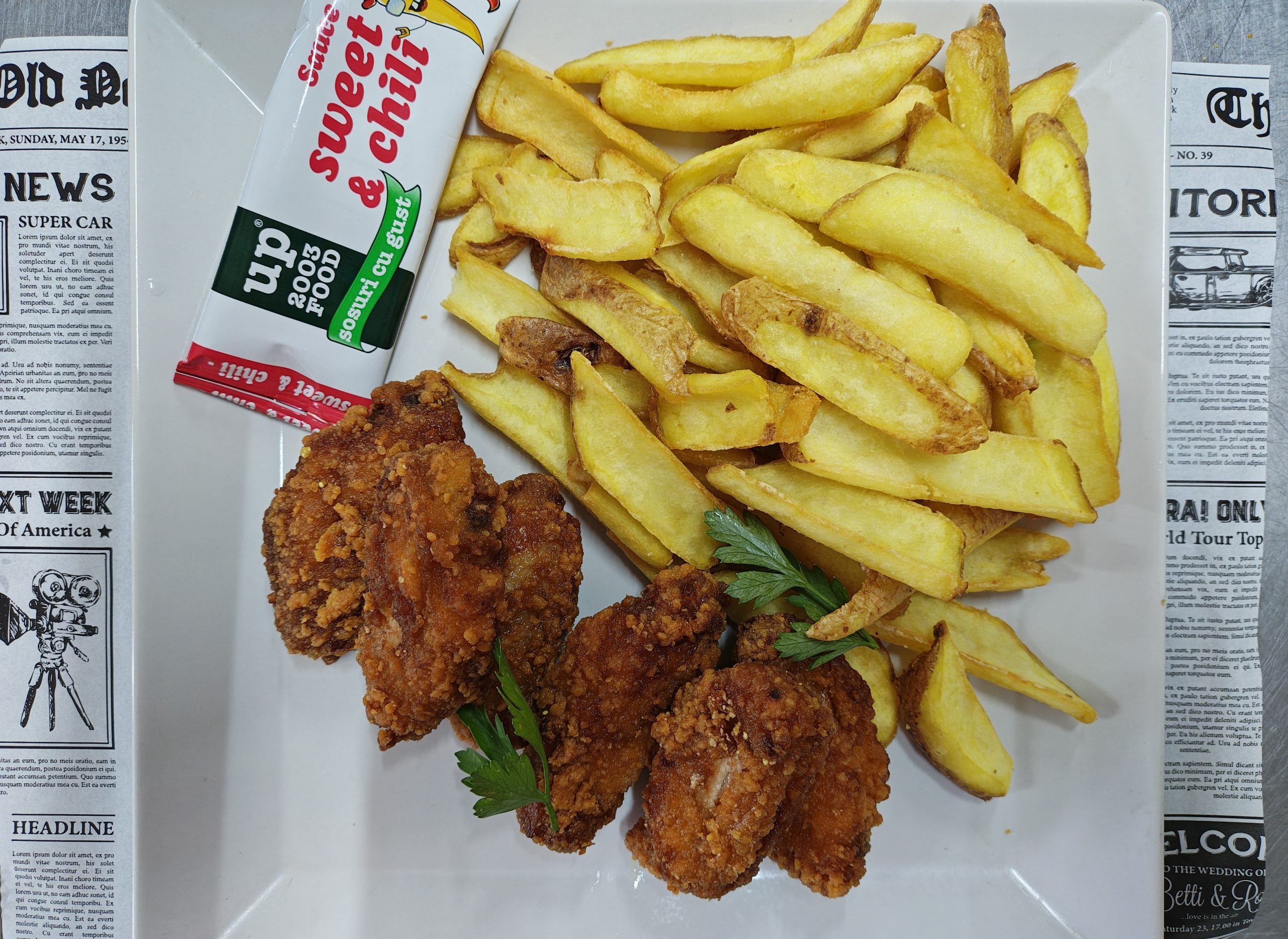 F2 - ARIPIOARE DE PUI CRISPY CU SOS DULCE-PICANT SI CARTOFI DIPPERS (aripi de pui, condimente, cartofi, sos sweet-chilly) - 350 gr.