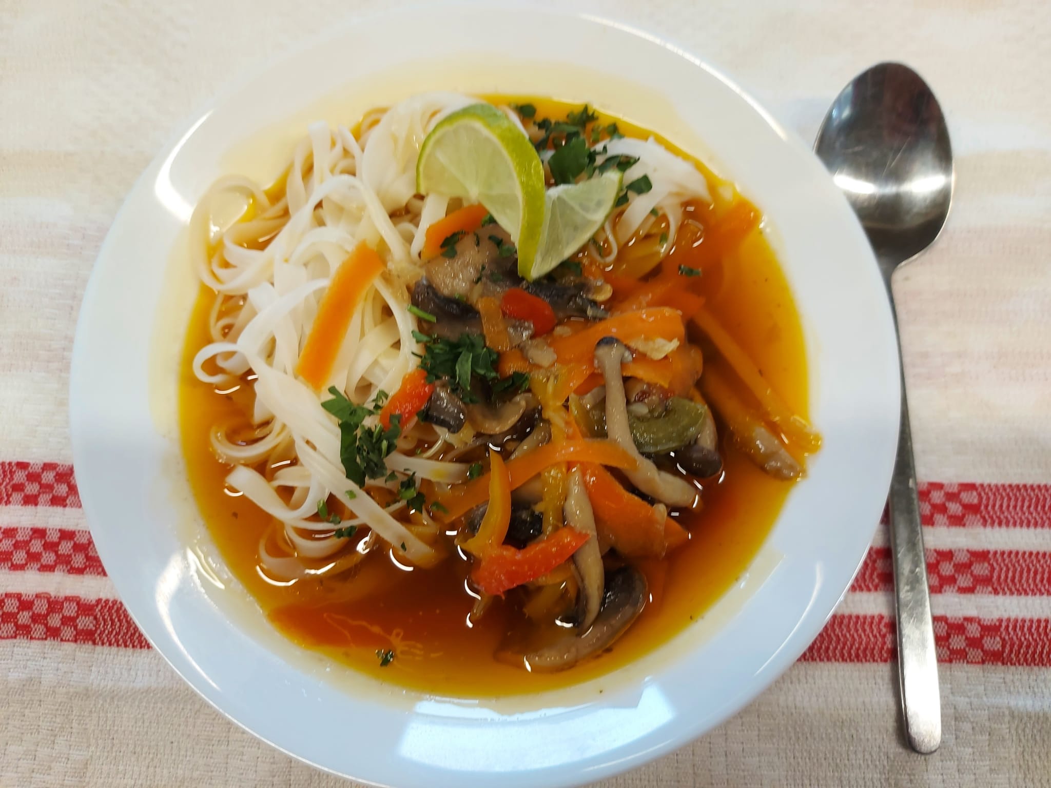 C2 - SUPĂ ASIATICĂ DE CIUPERCI CU PASTE DE OREZ (paste de orez, morcovi, ceapa, ciuperci, usturoi, ghimbir, ulei de cocos, sos soia, sos sirachia, ardei iute, lime) 400 ml.